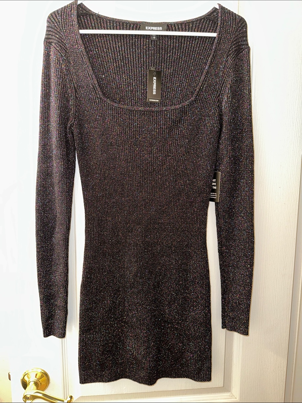 Express Metallic Ribbed Long Sleeve Scoop Neck Dress in Black